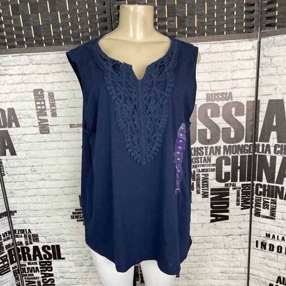 Grace Elements Plus XXL Navy Applique Detail Split Neck Cotton Sleeveless Top - Picture 1 of 6